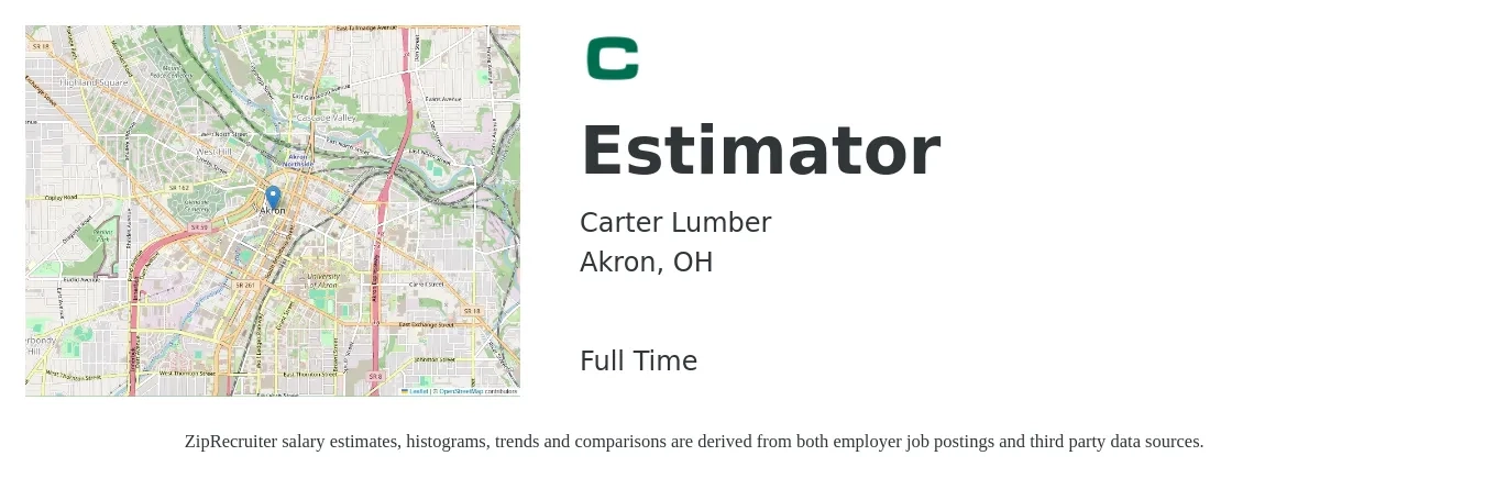 Carter Lumber job posting for a Estimator in Akron, OH with a salary of $59,300 to $94,700 Yearly with a map of Akron location.