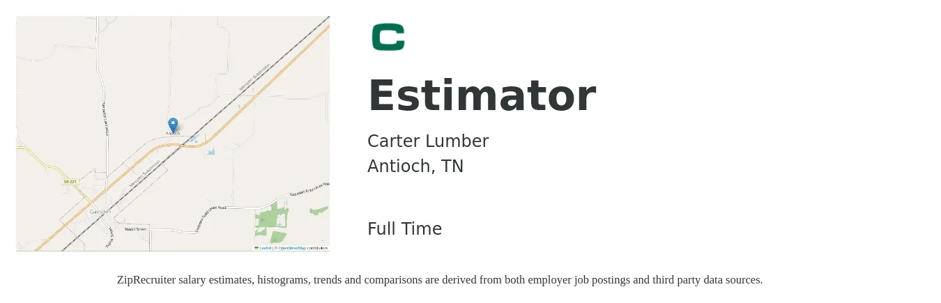 Carter Lumber job posting for a Estimator in Antioch, TN with a salary of $51,000 to $83,300 Yearly with a map of Antioch location.