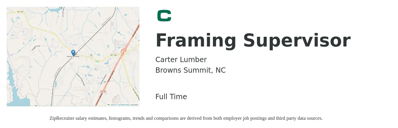 Carter Lumber job posting for a Framing Supervisor in Browns Summit, NC with a salary of $37 to $40 Hourly with a map of Browns Summit location.