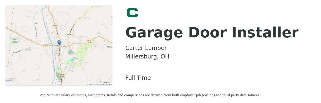 Carter Lumber job posting for a Garage Door Installer in Millersburg, OH with a salary of $16 to $23 Hourly with a map of Millersburg location.