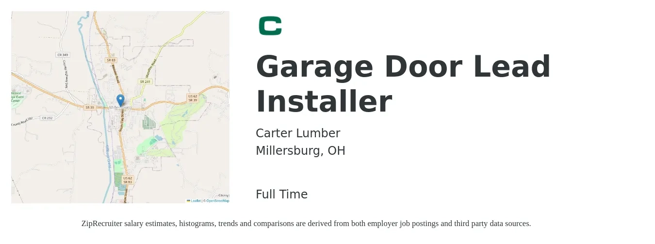 Carter Lumber job posting for a Garage Door Lead Installer in Millersburg, OH with a salary of $16 to $23 Hourly with a map of Millersburg location.