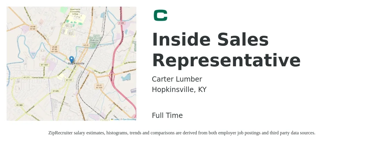 Carter Lumber job posting for a Inside Sales Representative in Hopkinsville, KY with a salary of $33,400 to $49,900 Yearly with a map of Hopkinsville location.