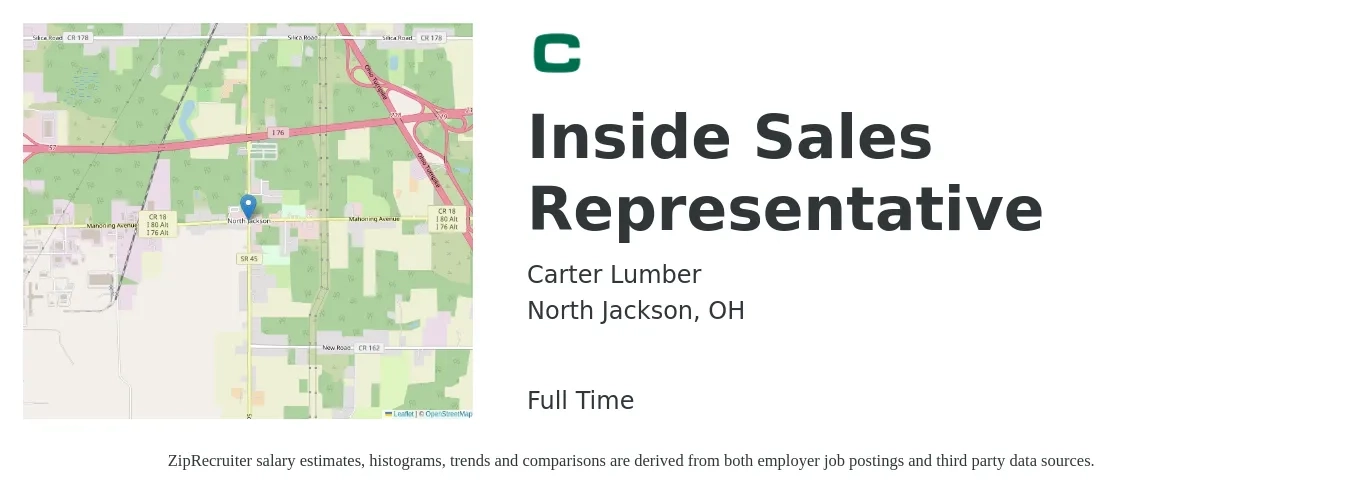 Carter Lumber job posting for a Inside Sales Representative in North Jackson, OH with a salary of $35,300 to $52,700 Yearly with a map of North Jackson location.