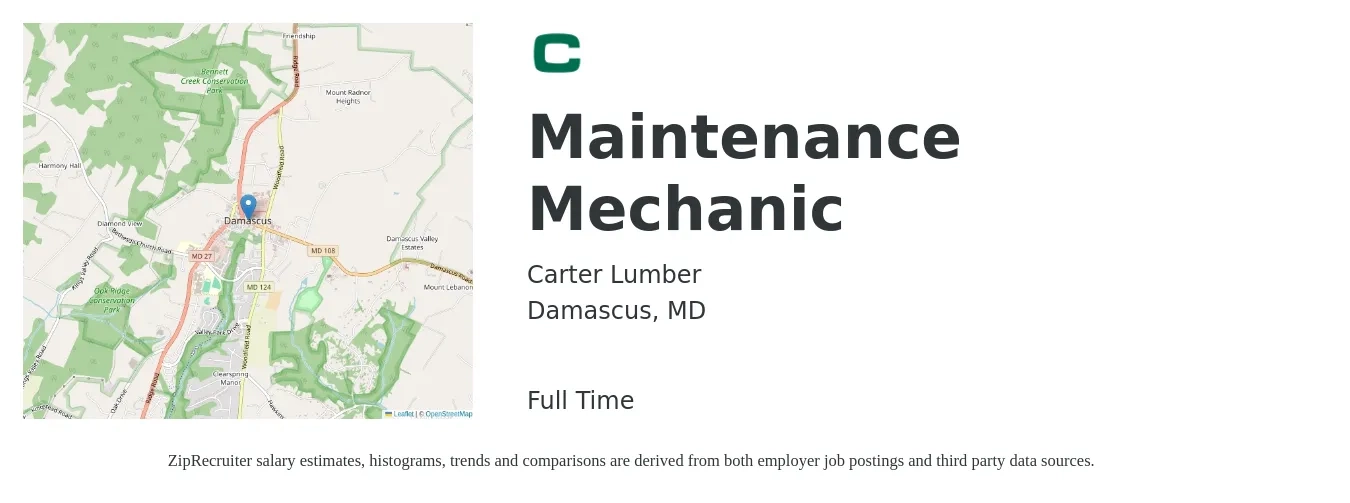 Carter Lumber job posting for a Maintenance Mechanic in Damascus, MD with a salary of $26 to $34 Hourly with a map of Damascus location.
