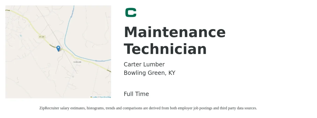 Carter Lumber job posting for a Maintenance Technician in Bowling Green, KY with a salary of $19 to $26 Hourly with a map of Bowling Green location.