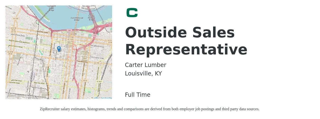 Carter Lumber job posting for a Outside Sales Representative in Louisville, KY with a salary of $48,000 to $82,400 Yearly with a map of Louisville location.