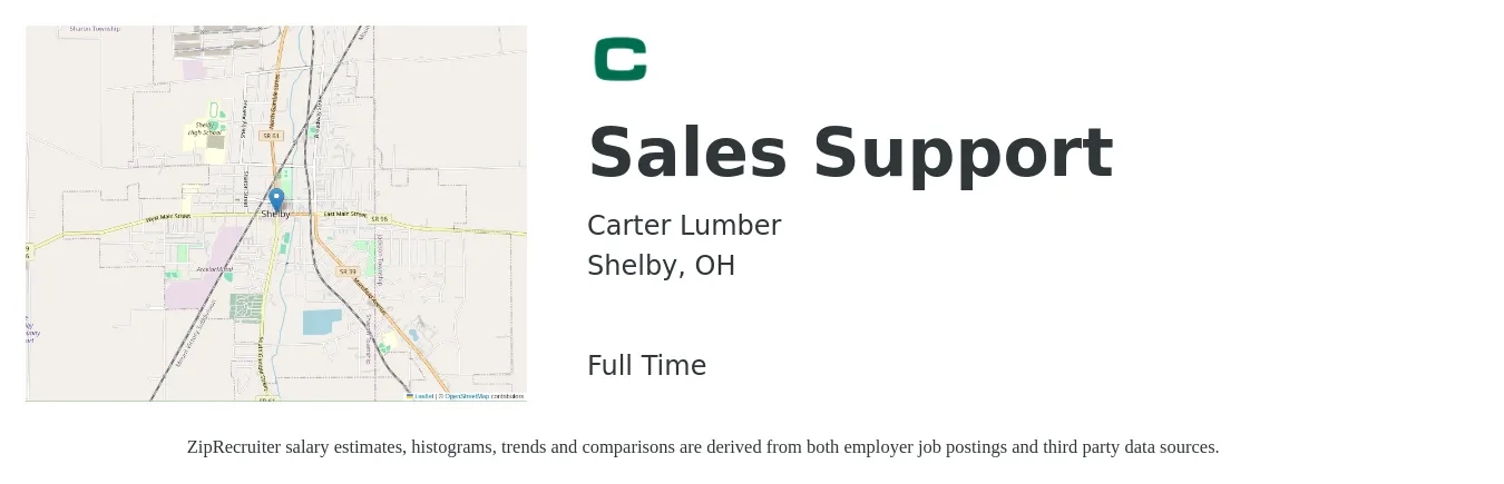 Carter Lumber job posting for a Sales Support in Shelby, OH with a salary of $18 to $24 Hourly with a map of Shelby location.