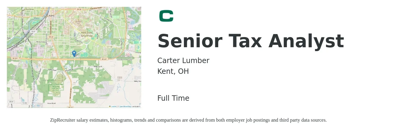 Carter Lumber job posting for a Senior Tax Analyst in Kent, OH with a salary of $105,800 to $106,300 Yearly with a map of Kent location.