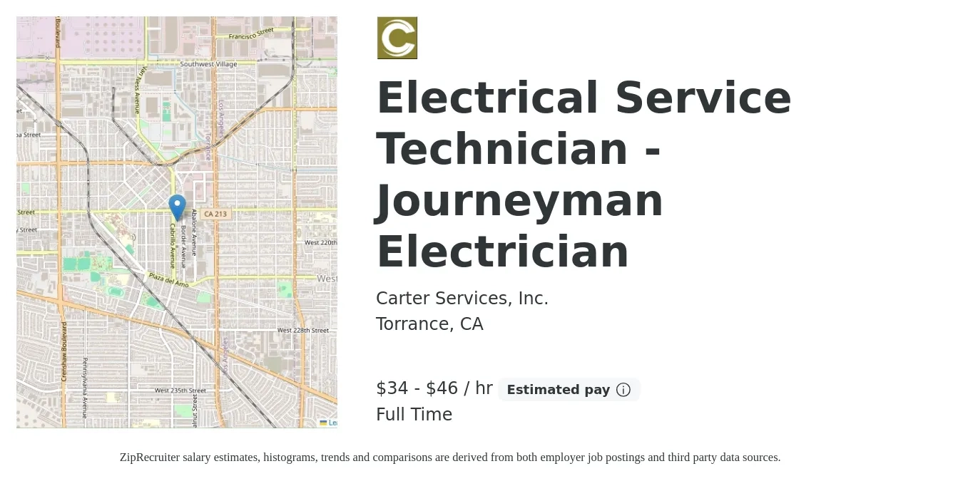 Carter Services, Inc. job posting for a Electrical Service Technician - Journeyman Electrician in Torrance, CA with a salary of $36 to $48 Hourly with a map of Torrance location.