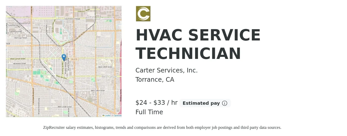 Carter Services, Inc. job posting for a HVAC SERVICE TECHNICIAN in Torrance, CA with a salary of $25 to $35 Hourly with a map of Torrance location.