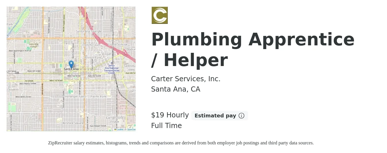Carter Services, Inc. job posting for a Plumbing Apprentice / Helper in Santa Ana, CA with a salary of $20 Hourly with a map of Santa Ana location.