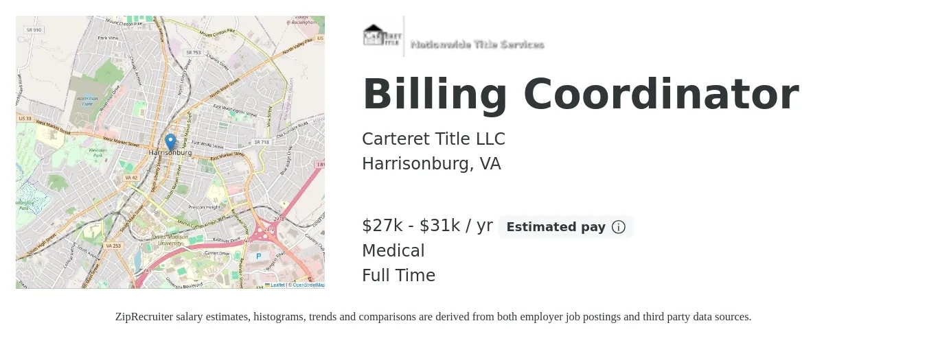 Carteret Title LLC job posting for a Billing Coordinator in Harrisonburg, VA with a salary of $27,000 to $31,000 Yearly and benefits including life_insurance, medical, pto, and retirement with a map of Harrisonburg location.