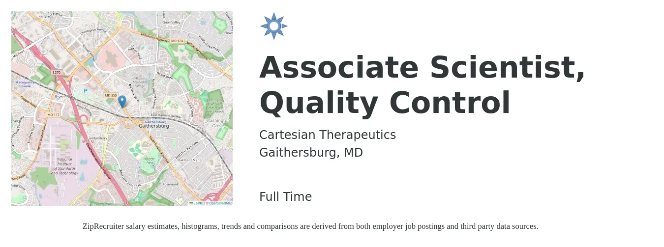 Cartesian Therapeutics job posting for a Associate Scientist, Quality Control in Gaithersburg, MD with a salary of $28 to $44 Hourly with a map of Gaithersburg location.