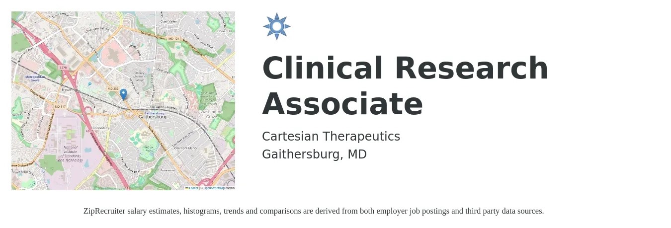 Cartesian Therapeutics job posting for a Clinical Research Associate in Gaithersburg, MD with a salary of $32 to $59 Hourly with a map of Gaithersburg location.