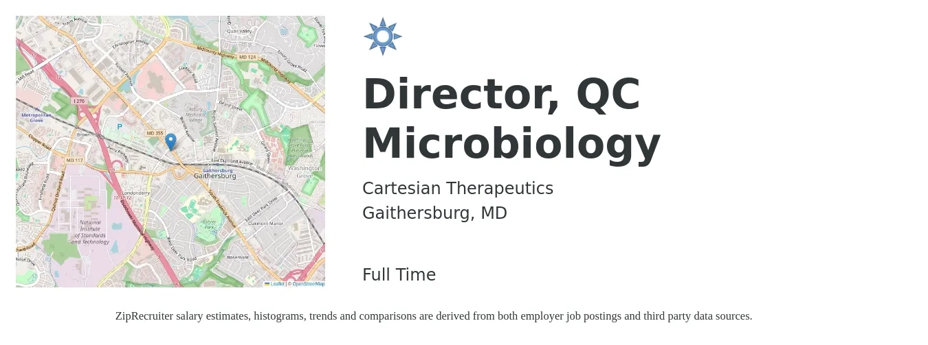 Cartesian Therapeutics job posting for a Director, QC Microbiology in Gaithersburg, MD with a salary of $98,300 to $163,100 Yearly with a map of Gaithersburg location.
