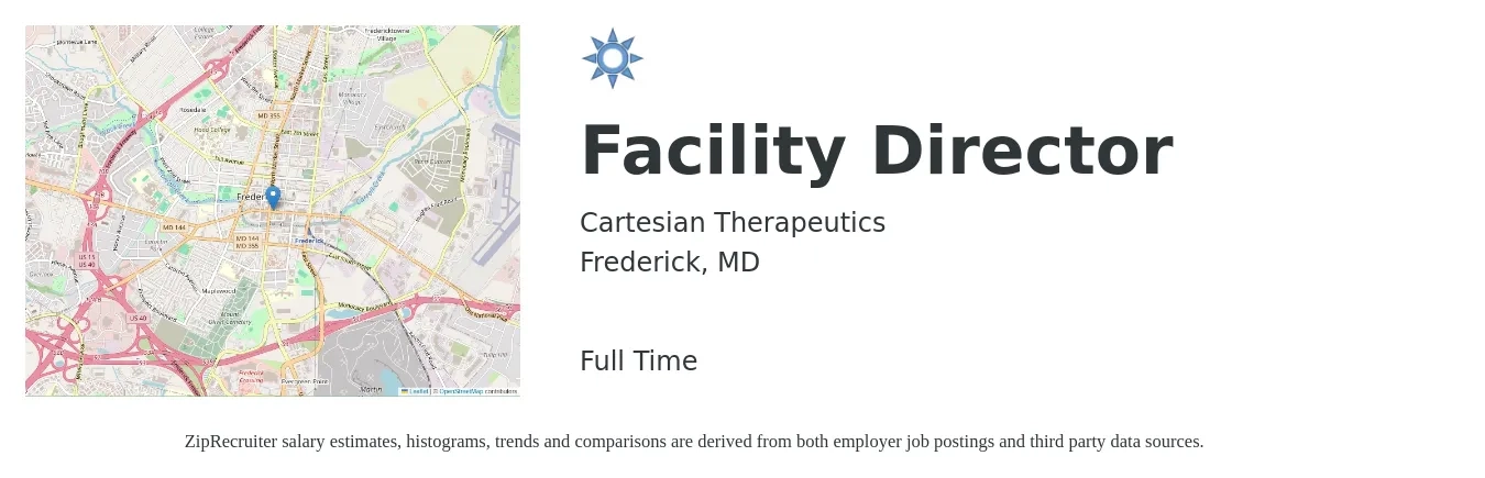 Cartesian Therapeutics job posting for a Facility Director in Frederick, MD with a salary of $91,500 to $200,900 Yearly with a map of Frederick location.