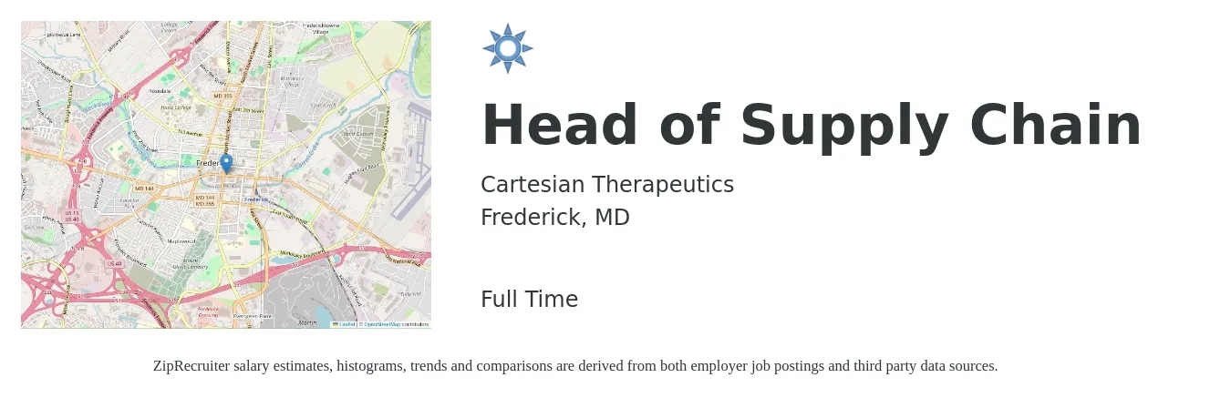 Cartesian Therapeutics job posting for a Head of Supply Chain in Frederick, MD with a salary of $169,300 to $191,600 Yearly with a map of Frederick location.