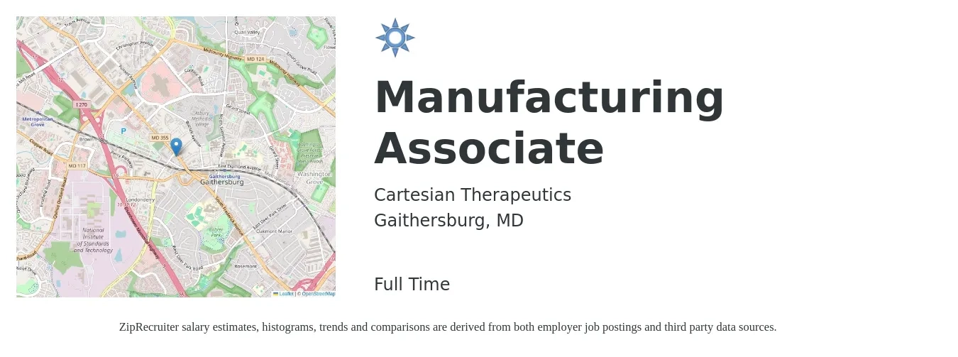 Cartesian Therapeutics job posting for a Manufacturing Associate in Gaithersburg, MD with a salary of $18 to $26 Hourly with a map of Gaithersburg location.