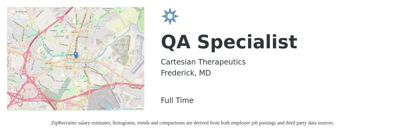 Cartesian Therapeutics job posting for a QA Specialist in Frederick, MD with a salary of $53,000 to $78,600 Yearly with a map of Frederick location.