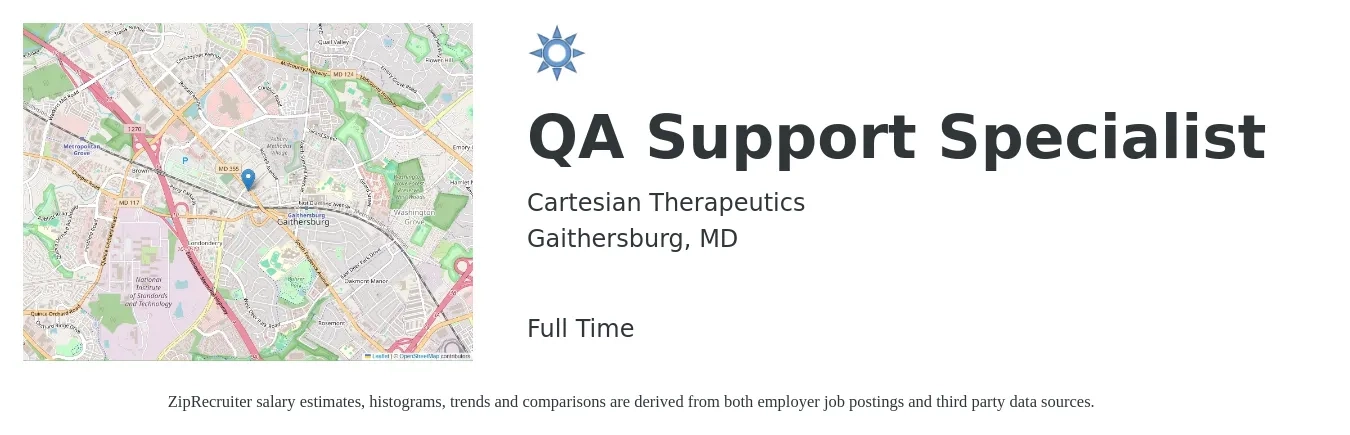 Cartesian Therapeutics job posting for a QA Support Specialist in Gaithersburg, MD with a salary of $61,600 to $91,300 Yearly with a map of Gaithersburg location.