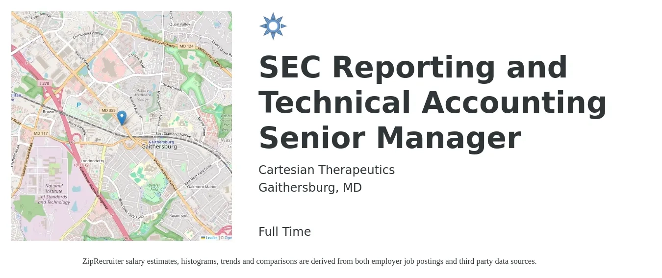 Cartesian Therapeutics job posting for a SEC Reporting and Technical Accounting Senior Manager in Gaithersburg, MD with a salary of $97,800 to $144,800 Yearly with a map of Gaithersburg location.