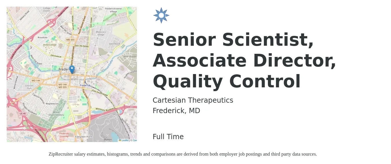 Cartesian Therapeutics job posting for a Senior Scientist, Associate Director, Quality Control in Frederick, MD with a salary of $24 to $38 Hourly with a map of Frederick location.