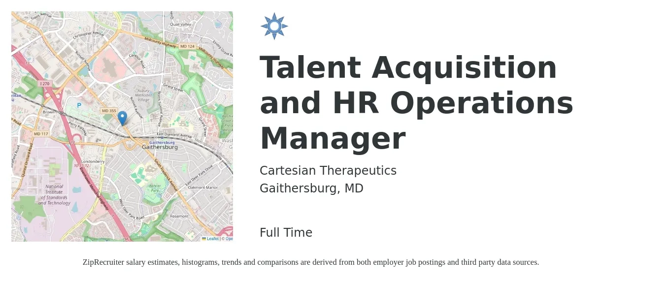 Cartesian Therapeutics job posting for a Talent Acquisition and HR Operations Manager in Gaithersburg, MD with a salary of $61,000 to $115,600 Yearly with a map of Gaithersburg location.