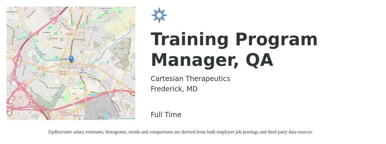 Cartesian Therapeutics job posting for a Training Program Manager, QA in Frederick, MD with a salary of $45,600 to $76,300 Yearly with a map of Frederick location.