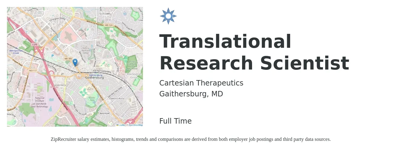 Cartesian Therapeutics job posting for a Translational Research Scientist in Gaithersburg, MD with a salary of $116,100 to $186,900 Yearly with a map of Gaithersburg location.