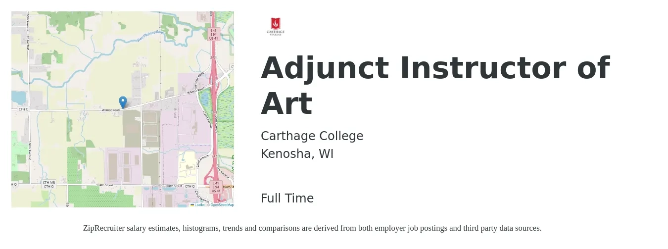 Carthage College job posting for a Adjunct Instructor of Art in Kenosha, WI with a salary of $30 to $60 Hourly with a map of Kenosha location.