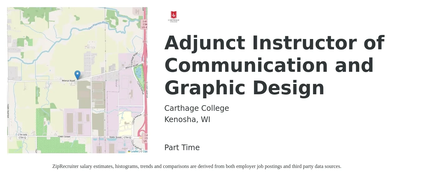 Carthage College job posting for a Adjunct Instructor of Communication and Graphic Design in Kenosha, WI with a salary of $30 to $50 Hourly with a map of Kenosha location.