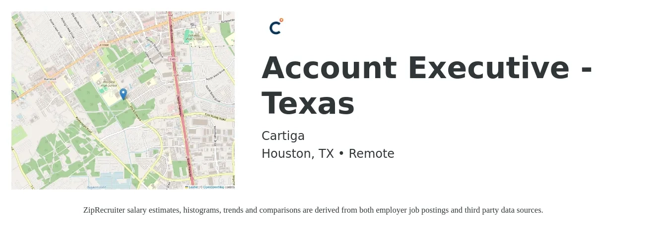 Cartiga job posting for a Account Executive - Texas in Houston, TX with a salary of $65,000 to $75,000 Yearly with a map of Houston location.
