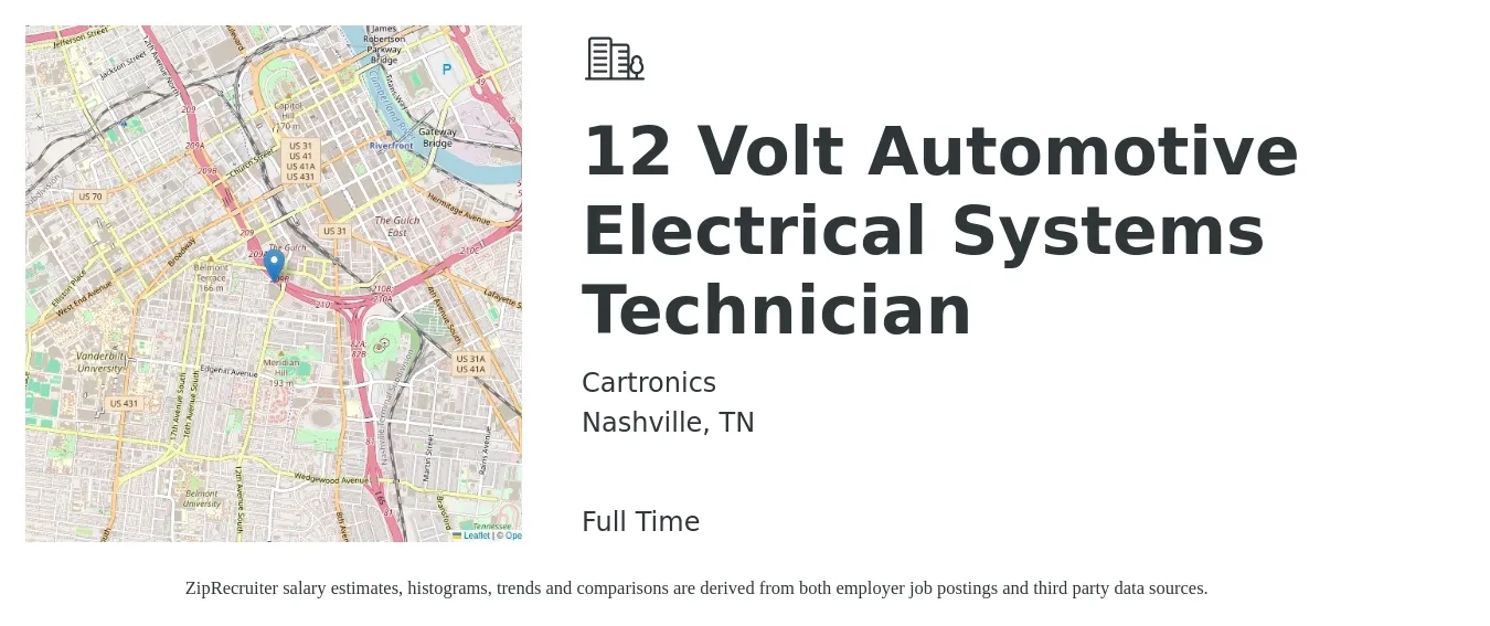 Cartronics job posting for a 12 Volt Automotive Electrical Systems Technician in Nashville, TN with a salary of $49,000 to $90,000 Yearly with a map of Nashville location.