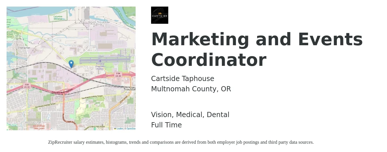 Cartside Taphouse job posting for a Marketing and Events Coordinator in Multnomah County, OR with a salary of $43,600 to $57,800 Yearly and benefits including dental, medical, and vision with a map of Multnomah County location.