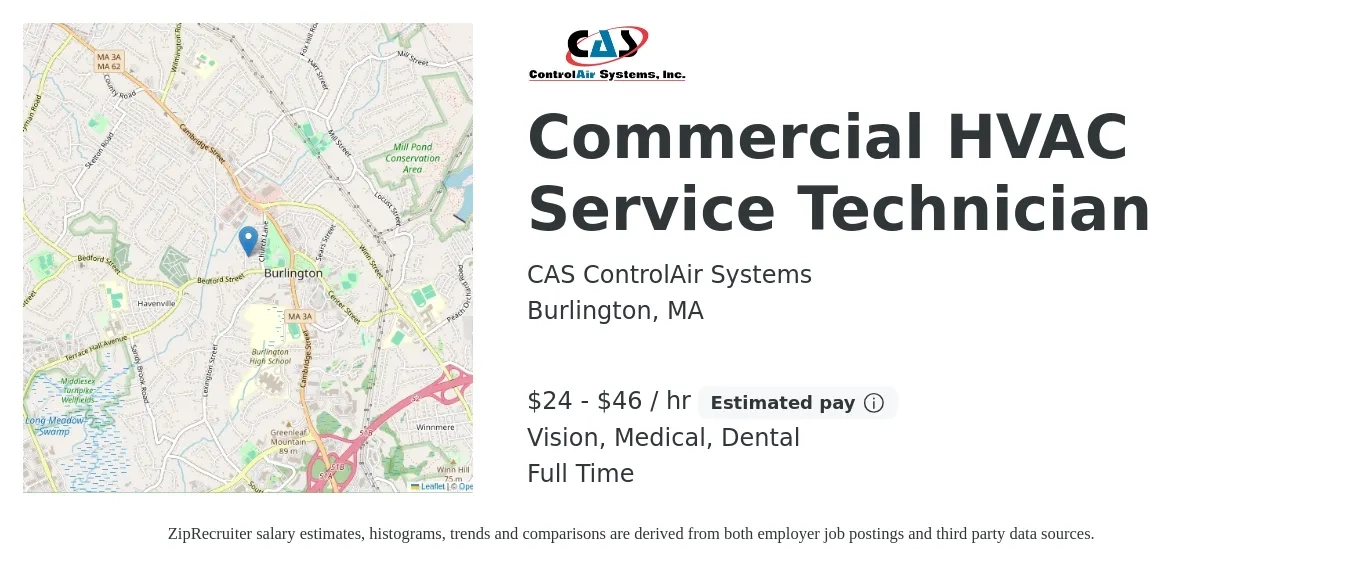 CAS ControlAir Systems job posting for a Commercial HVAC Service Technician in Burlington, MA with a salary of $25 to $48 Hourly and benefits including life_insurance, medical, retirement, vision, and dental with a map of Burlington location.