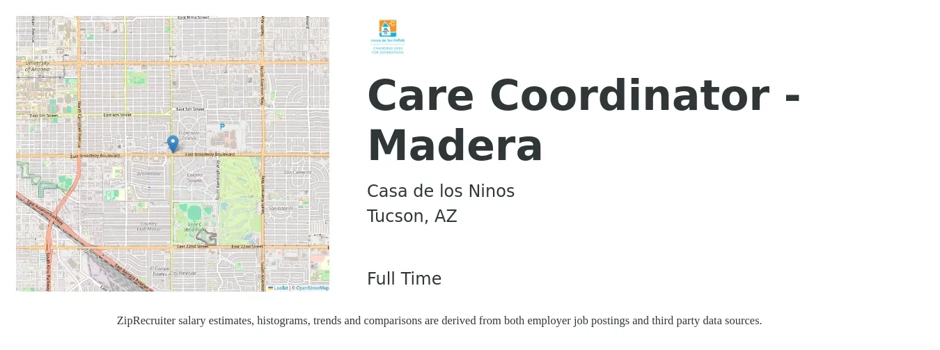 Casa de los Ninos job posting for a Care Coordinator - Madera in Tucson, AZ with a salary of $17 to $23 Hourly with a map of Tucson location.