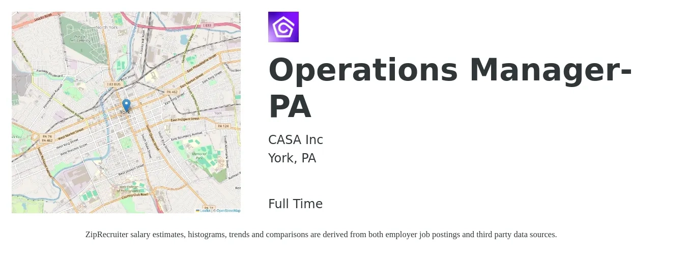 CASA Inc job posting for a Operations Manager-PA in York, PA with a salary of $66,400 to $106,300 Yearly with a map of York location.