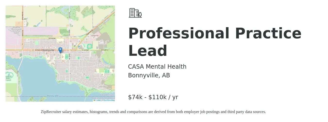 CASA Mental Health job posting for a Professional Practice Lead in Bonnyville, AB with a salary of $74,000 to $110,000 Yearly with a map of Bonnyville location.