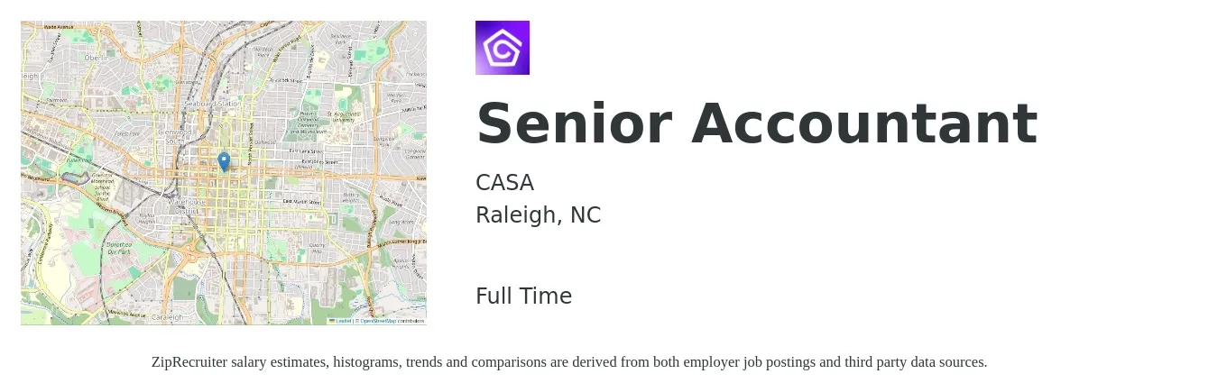 CASA job posting for a Senior Accountant in Raleigh, NC with a salary of $71,900 to $90,400 Yearly with a map of Raleigh location.