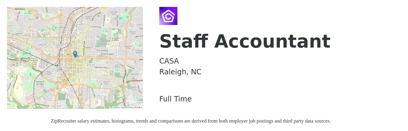 CASA job posting for a Staff Accountant in Raleigh, NC with a salary of $53,500 to $70,500 Yearly with a map of Raleigh location.