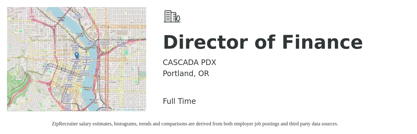 CASCADA PDX job posting for a Director of Finance in Portland, OR with a salary of $104,600 to $159,200 Yearly with a map of Portland location.