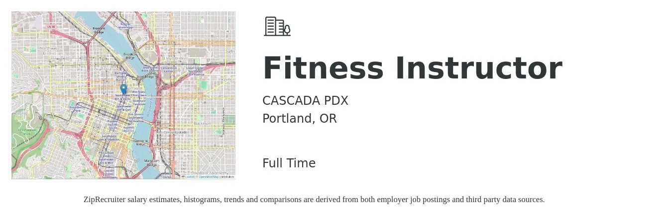 CASCADA PDX job posting for a Fitness Instructor in Portland, OR with a salary of $20 to $33 Hourly with a map of Portland location.