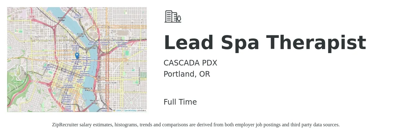 CASCADA PDX job posting for a Lead Spa Therapist in Portland, OR with a salary of $25 to $56 Hourly with a map of Portland location.