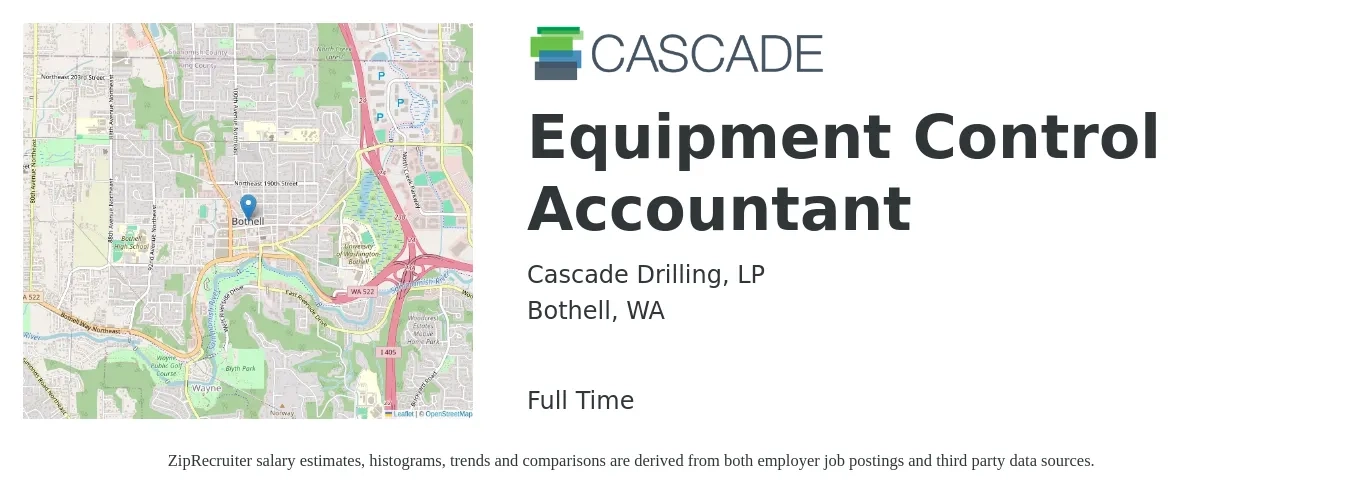 Cascade Drilling, LP job posting for a Equipment Control Accountant in Bothell, WA with a salary of $60,800 to $89,200 Yearly with a map of Bothell location.