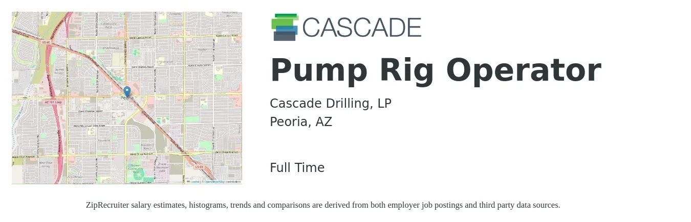 Cascade Drilling, LP job posting for a Pump Rig Operator in Peoria, AZ with a salary of $22 to $29 Hourly with a map of Peoria location.