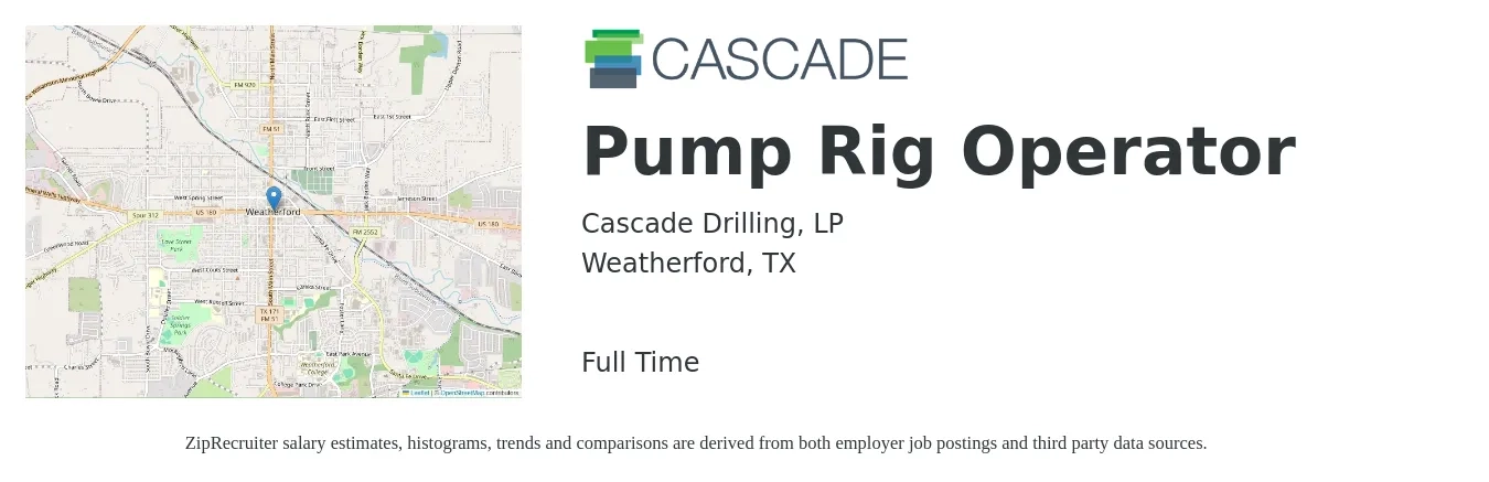 Cascade Drilling, LP job posting for a Pump Rig Operator in Weatherford, TX with a salary of $20 to $26 Hourly with a map of Weatherford location.