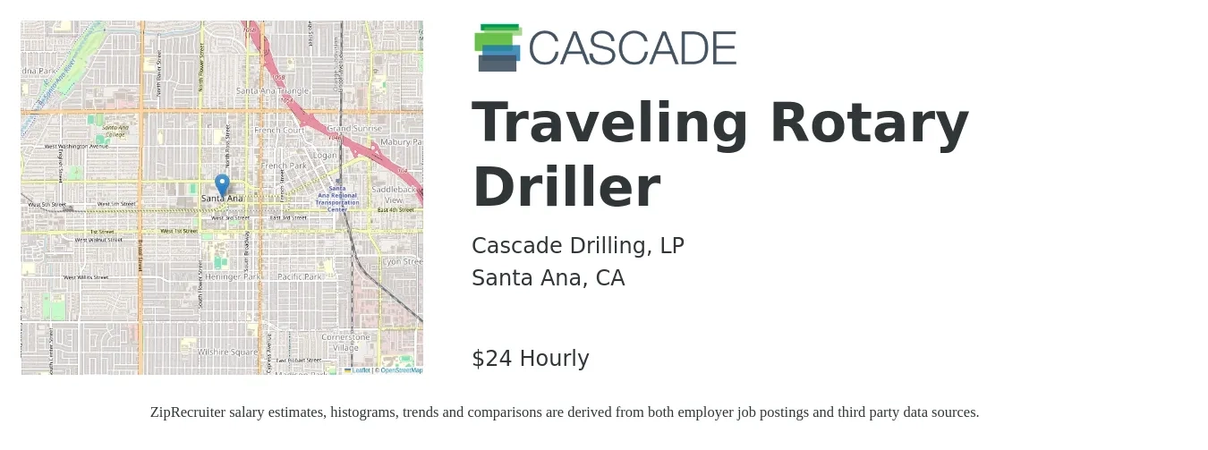 Cascade Drilling, LP job posting for a Traveling Rotary Driller in Santa Ana, CA with a salary of $25 Hourly with a map of Santa Ana location.