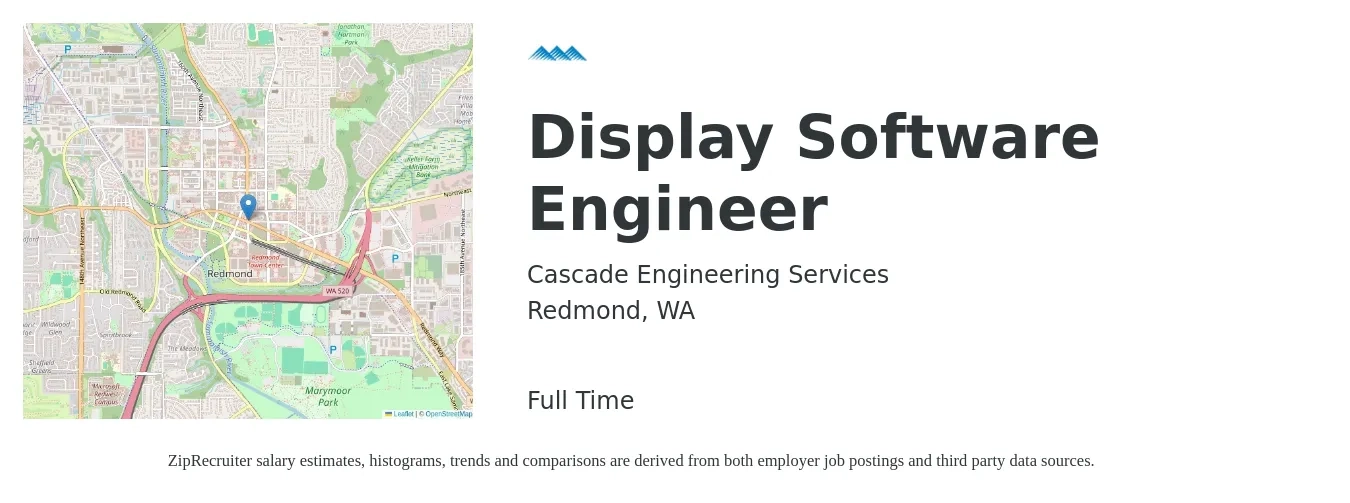 Cascade Engineering Services job posting for a Display Software Engineer in Redmond, WA with a salary of $59 to $106 Hourly with a map of Redmond location.