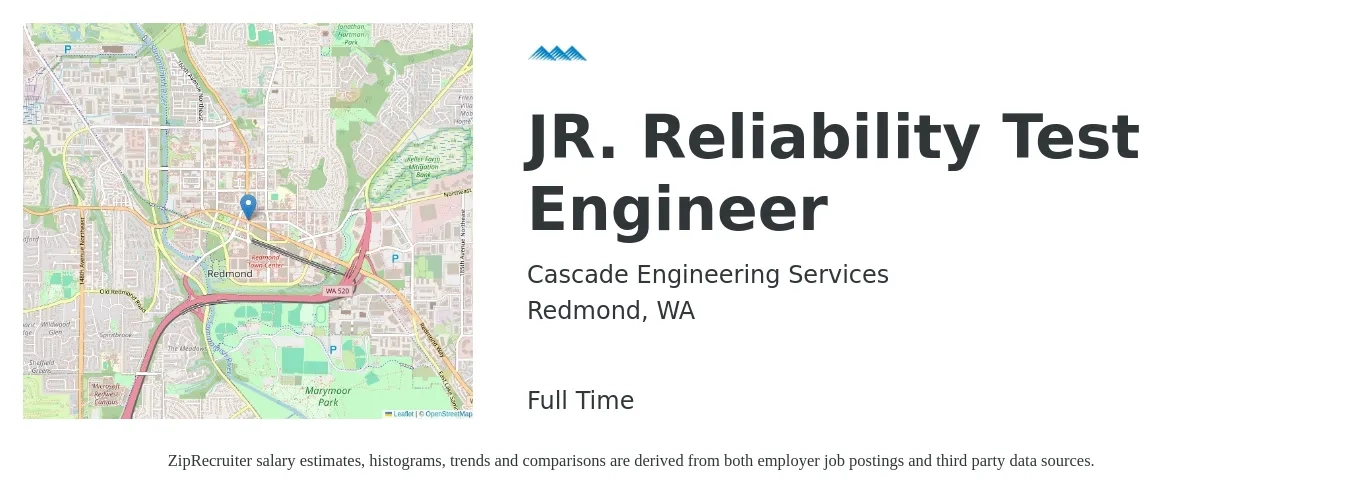 Cascade Engineering Services job posting for a JR. Reliability Test Engineer in Redmond, WA with a salary of $114,800 to $144,500 Yearly with a map of Redmond location.