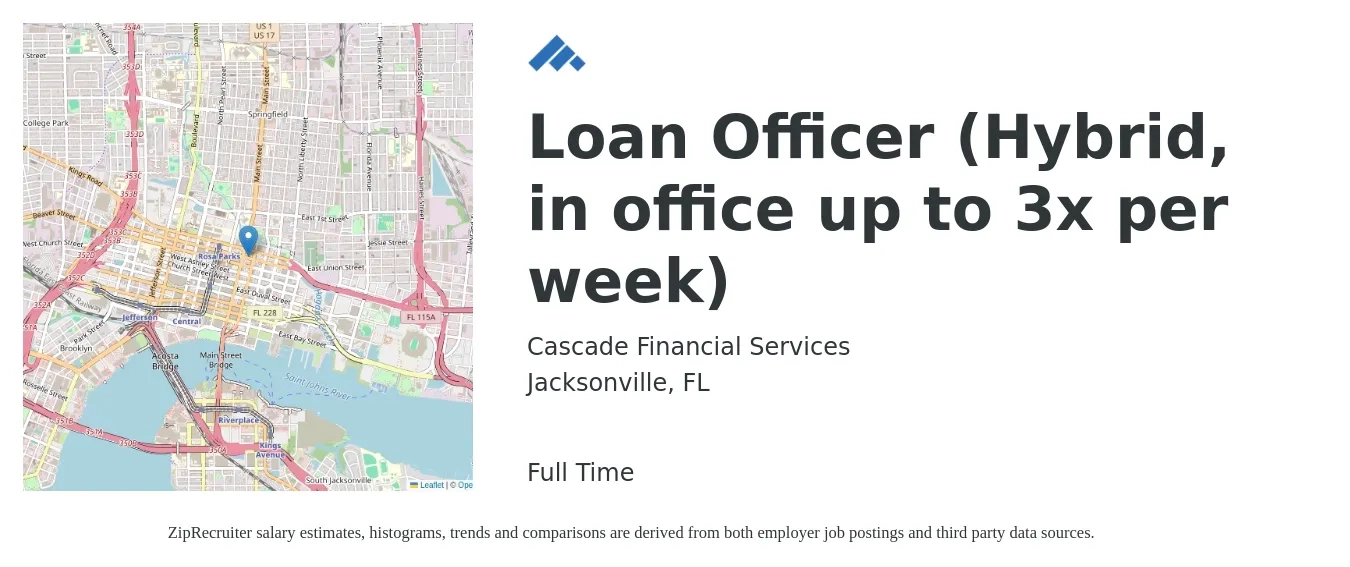 Cascade Financial Services job posting for a Loan Officer (Hybrid, in office up to 3x per week) in Jacksonville, FL with a salary of $42,600 to $83,400 Yearly with a map of Jacksonville location.